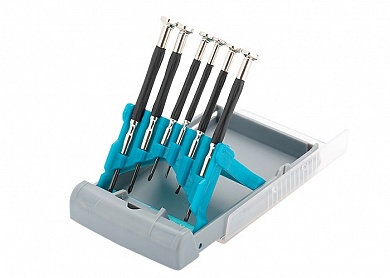 Набор отверток для точной механики, металлические обрезиновые рукоятки 6штук, бокс - трансформер CrMo GROSS