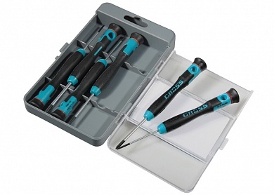 Набор отверток для точной механики, двухкомпонентные рукоятки, 6штук, пластиковый бокс, CrMo GROSS