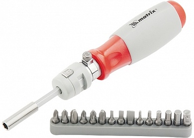 Отвертка реверсивная, телескопическая, силовой элемент под ключ, набор бит, CrV, 15 шт. MATRIX