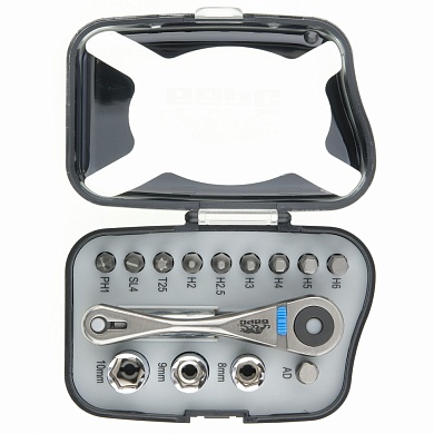 Реверсивная трещотка с набором бит и торцевыми головками, 14 шт БАРС